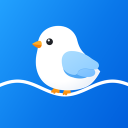 Dosebird app icon: a white bird with a light-blue wing and orange beak perched on a wave, on a blue background